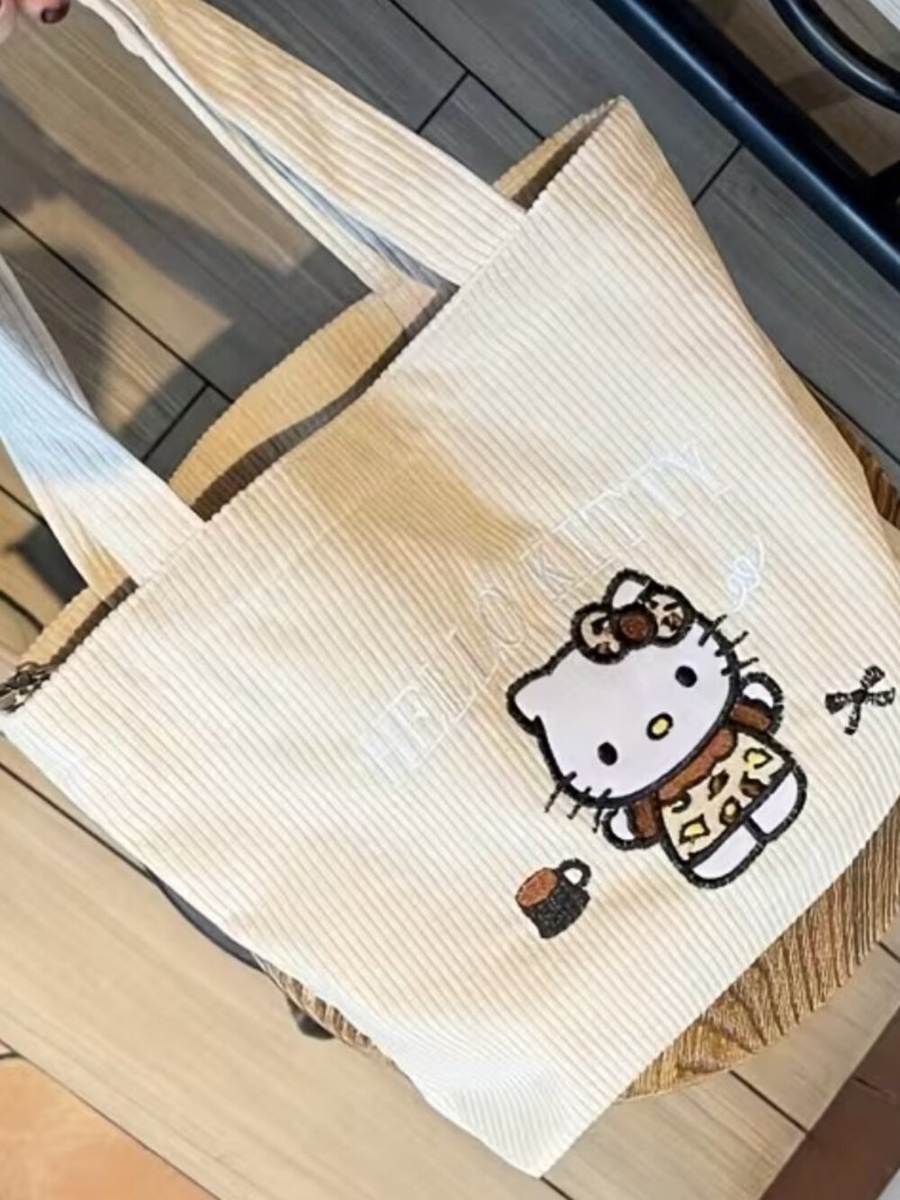 Sanrio Hello Kitty cream Corduroy Tote Bag zippered